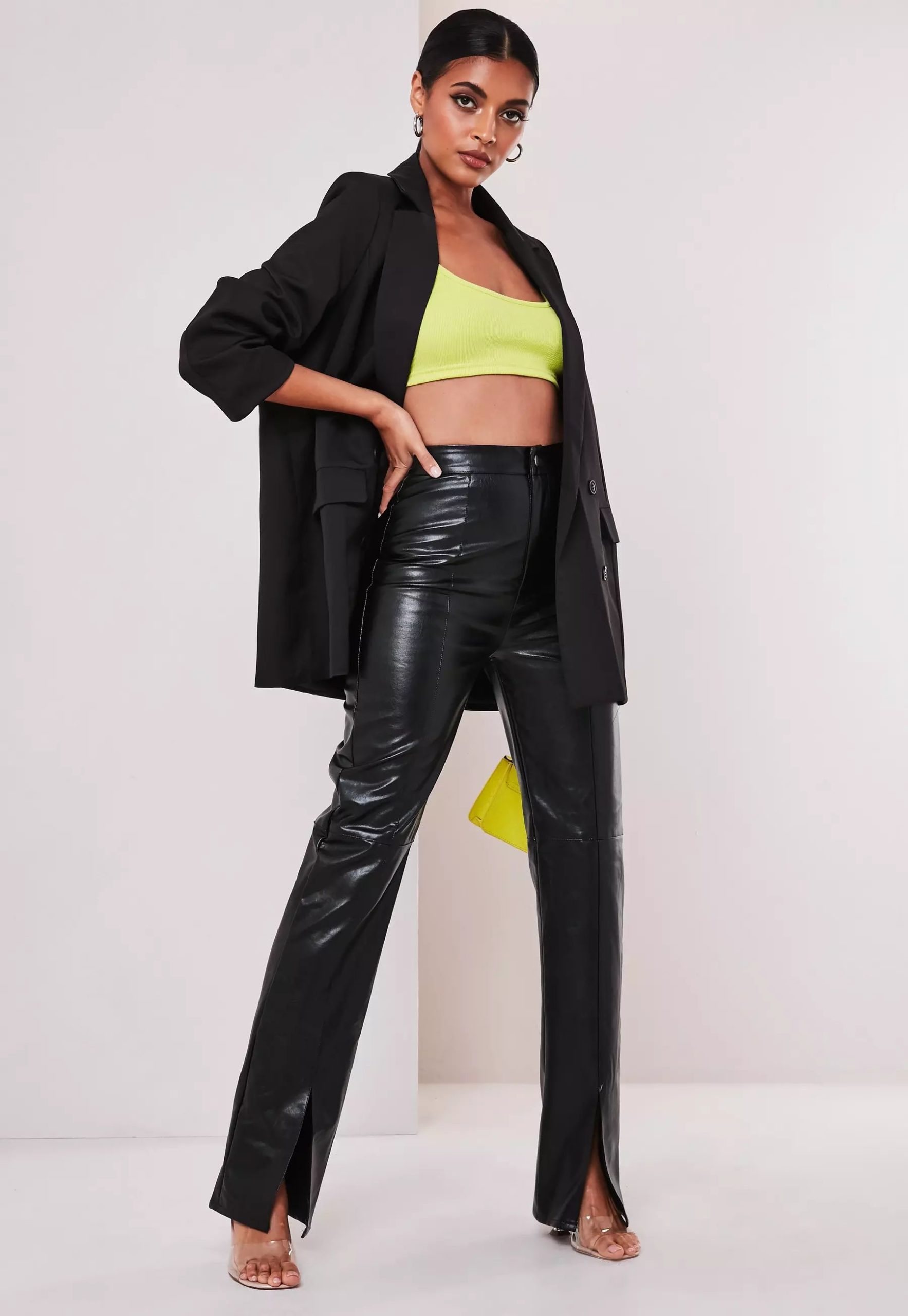 black faux leather split front trousers