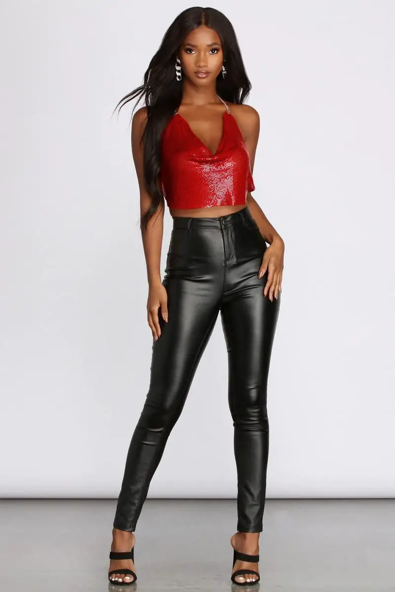 Women Leather Pants with Cowl Neck Top