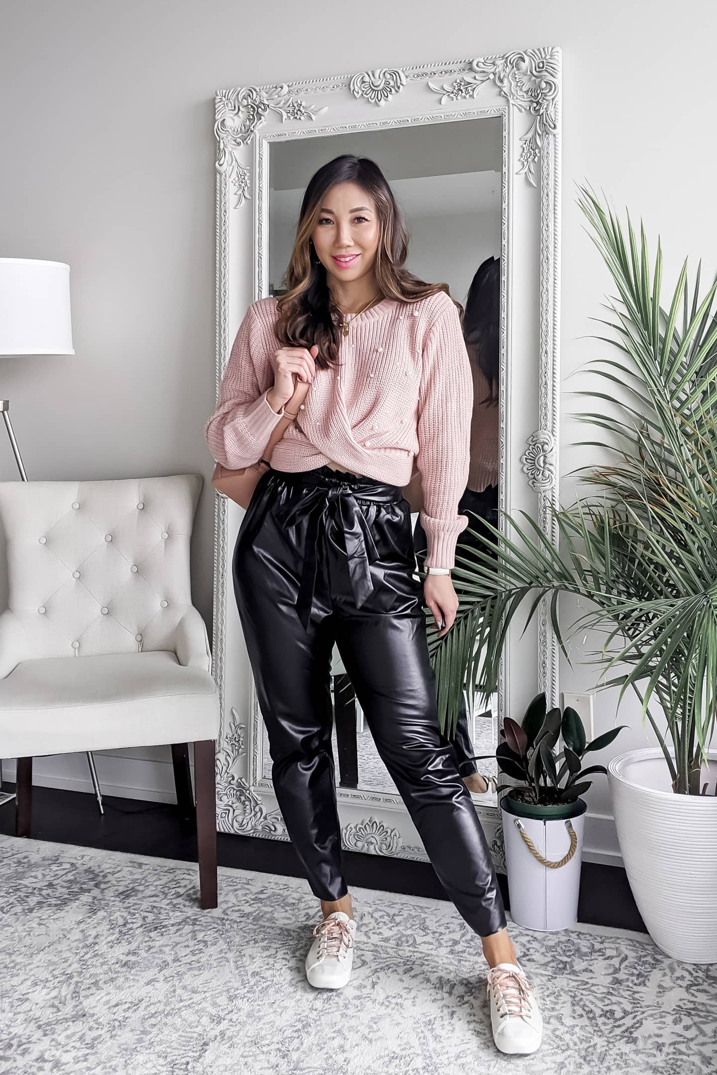 Women Leather Pants with Mules & Sweater