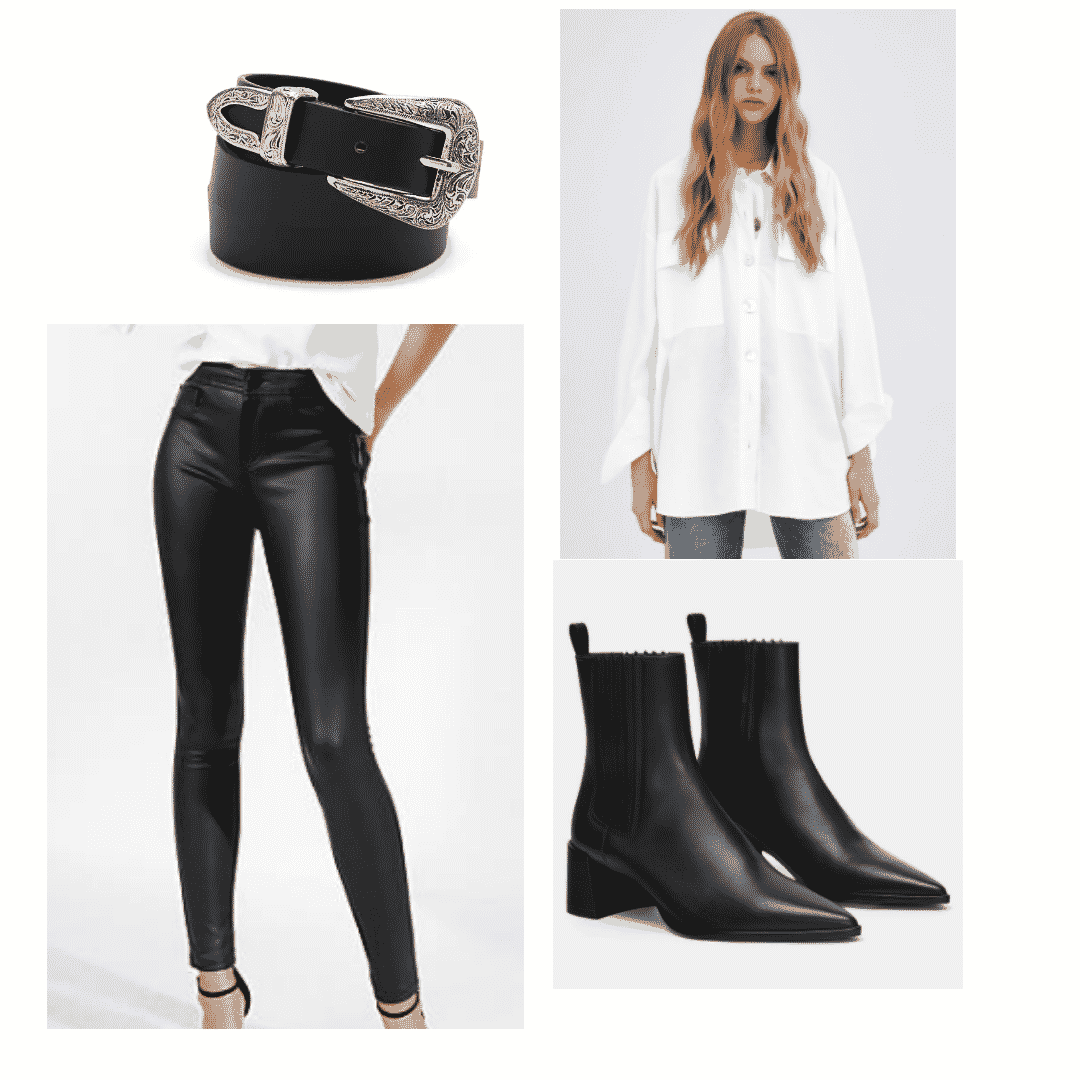 Women Leather Pants with White Blouse