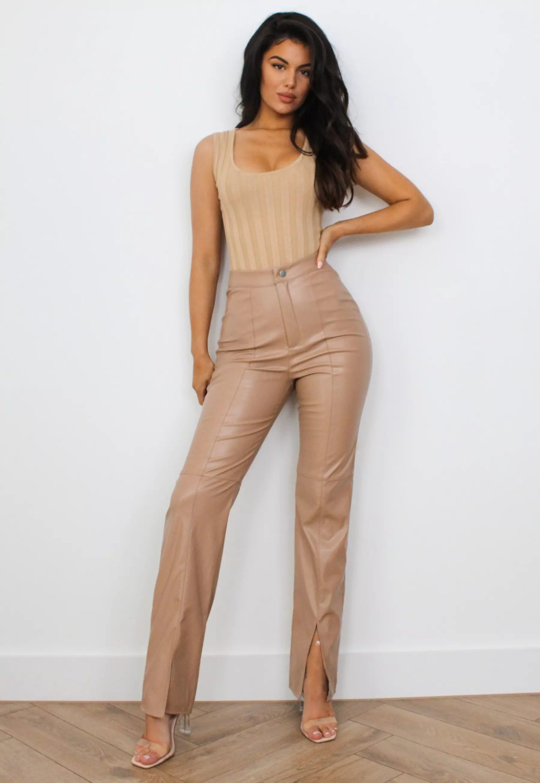 mocha faux leather split front trousers