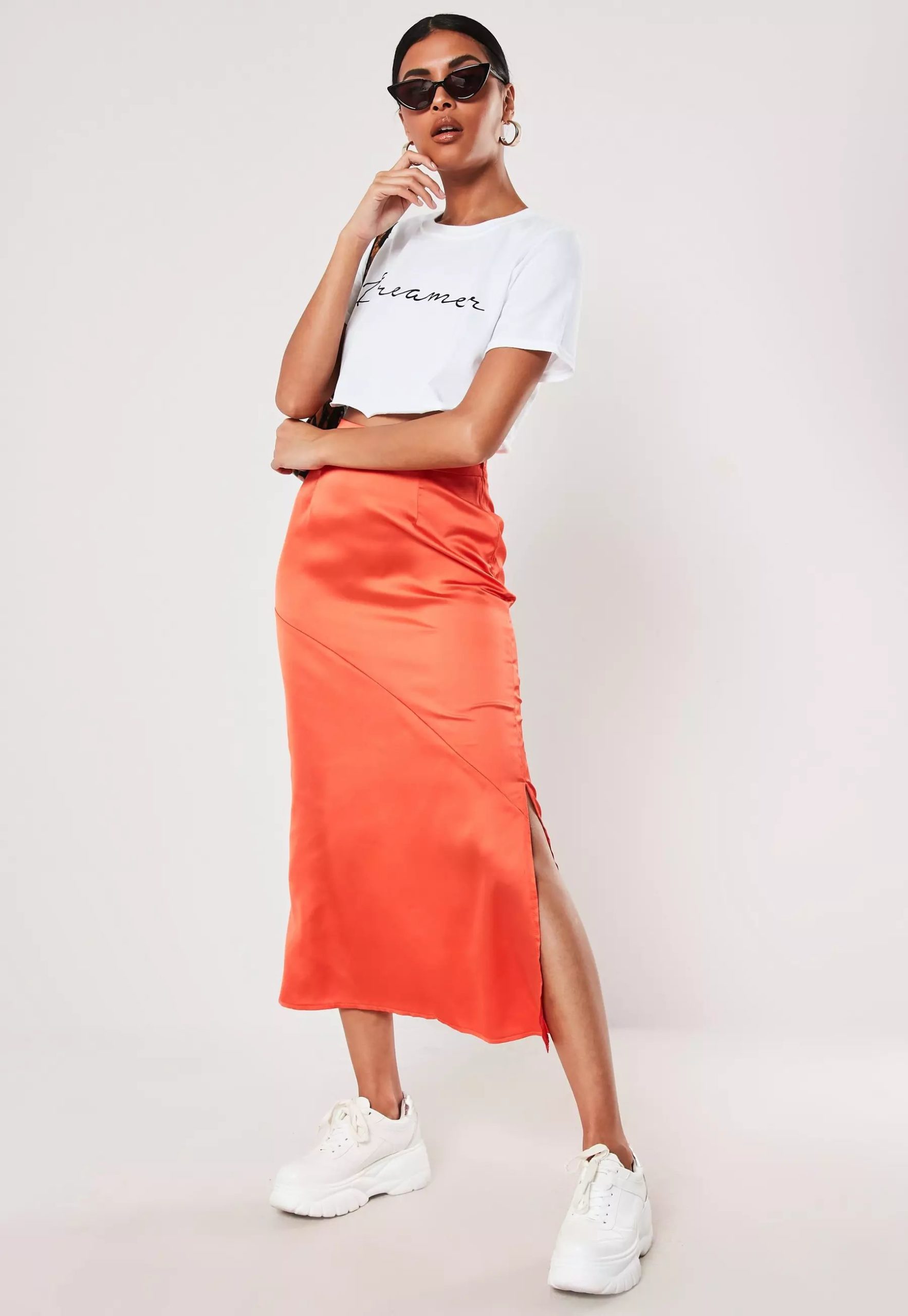 orange satin bias cut midi slip skirt