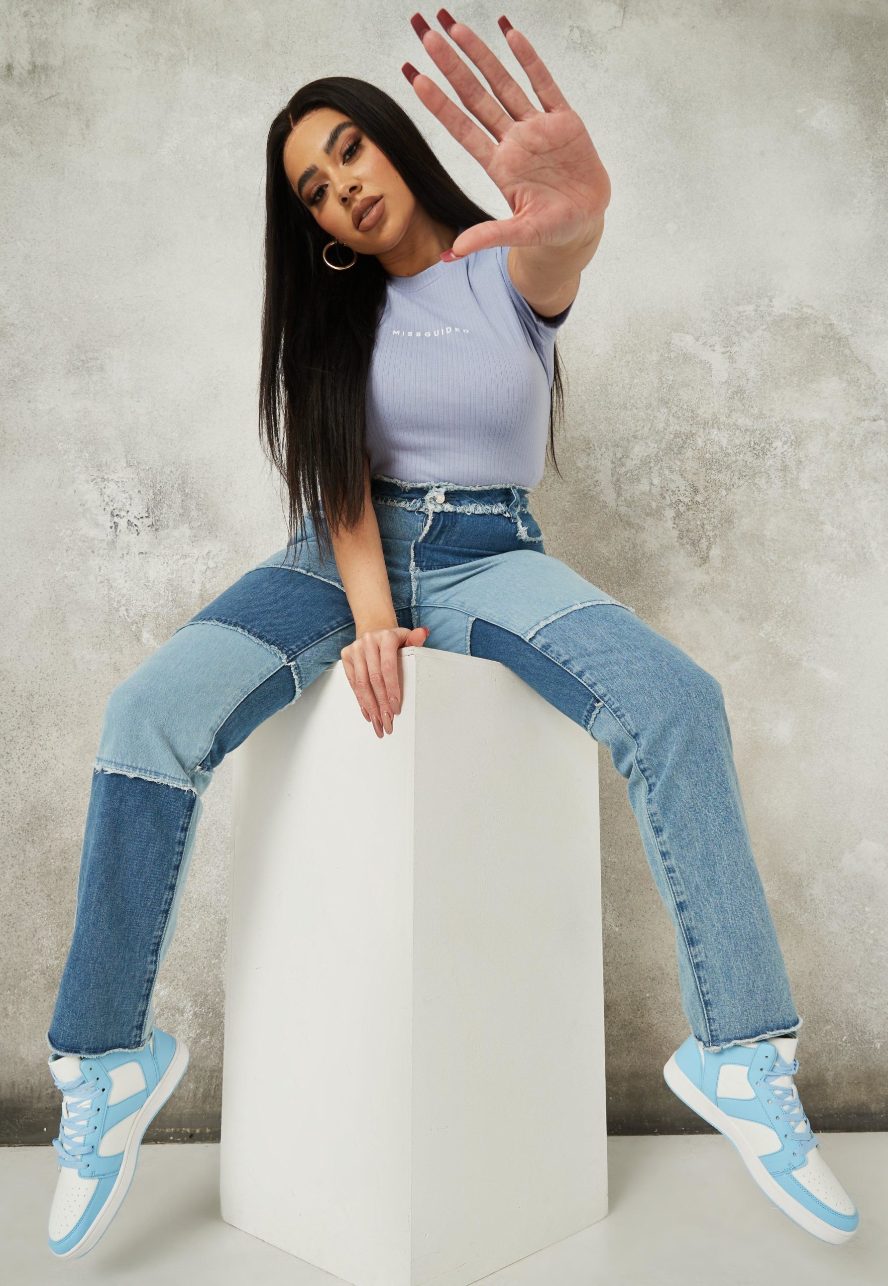 patchwork jeans with blue top