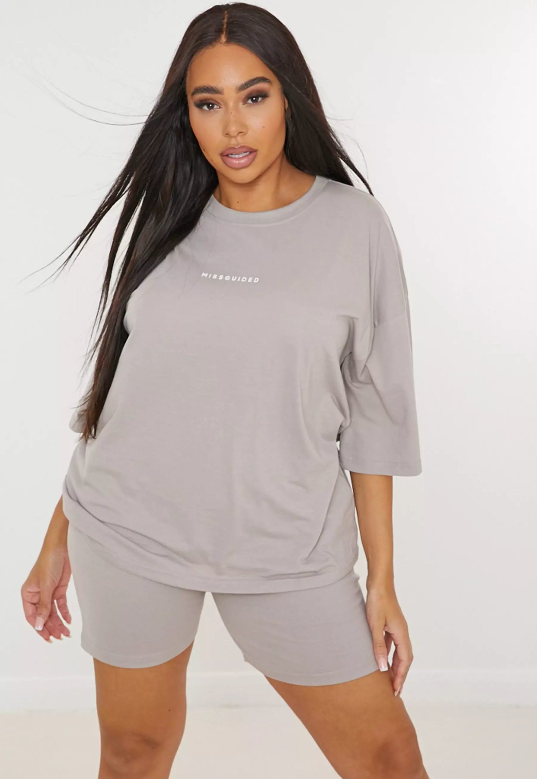 plus size grey missguided t shirt and cycling shorts co ord set