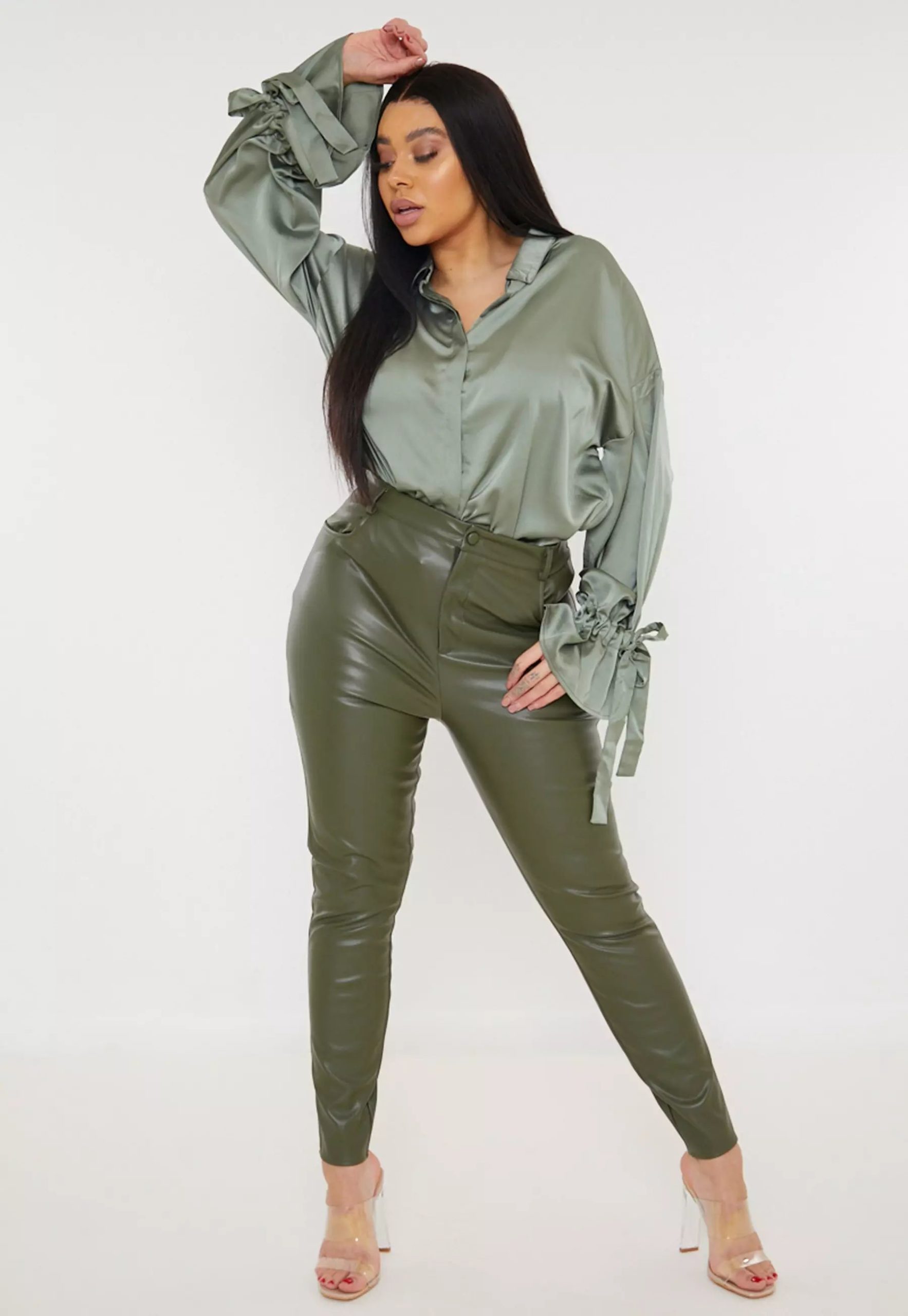 plus size khaki faux leather slim leg trousers