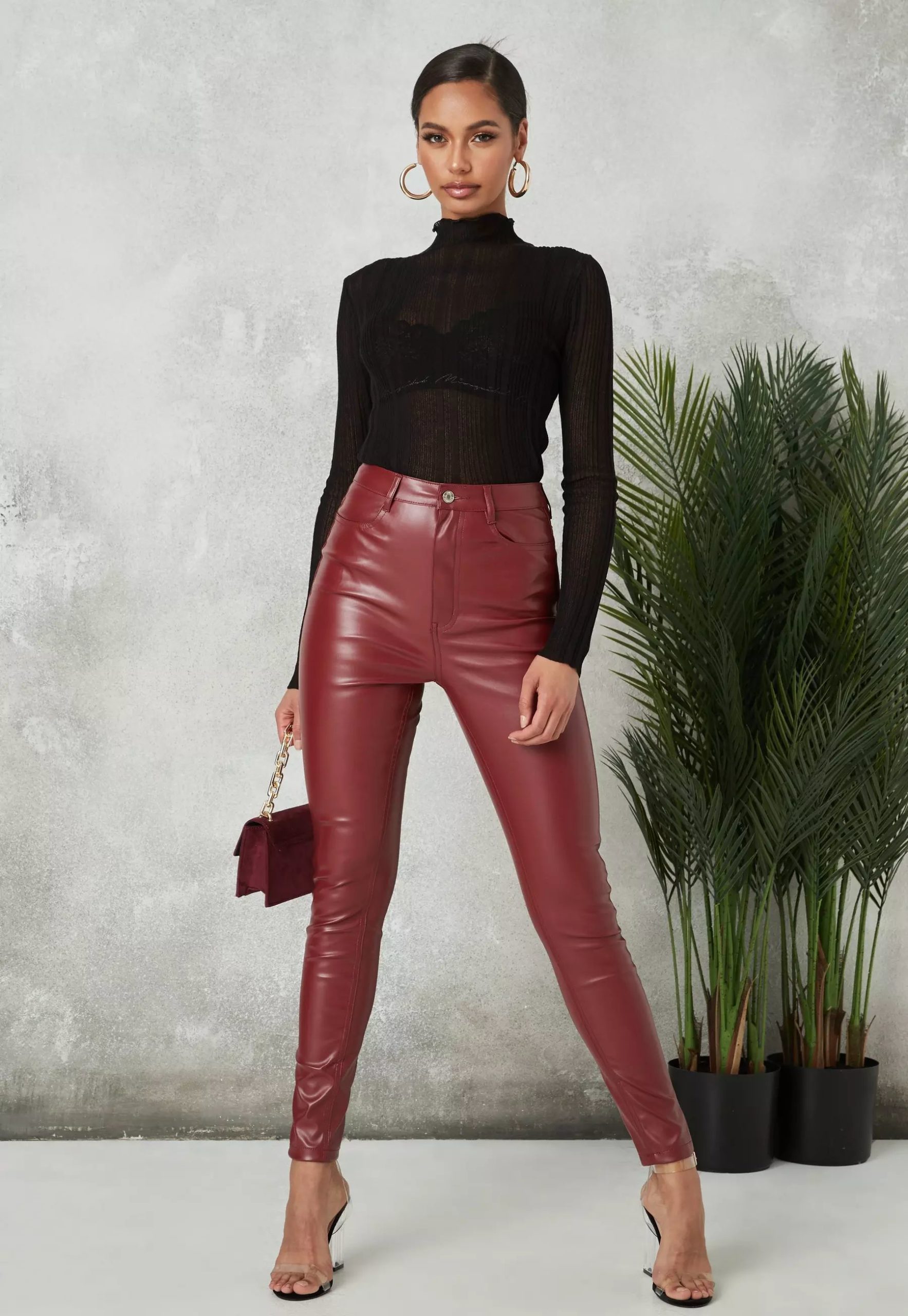 tall wine faux leather trousers