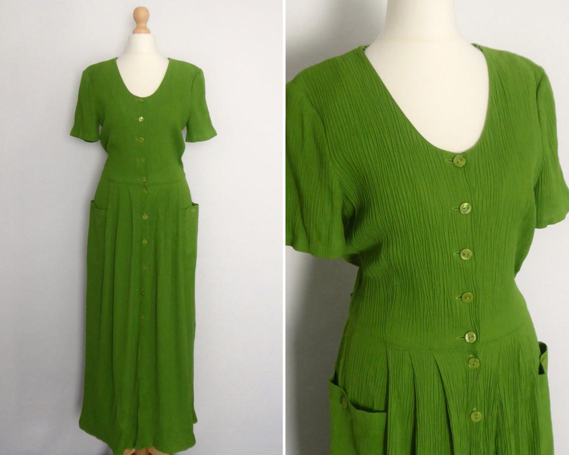 vintage bright green button down midi dress with pockets | 90s | UK 10